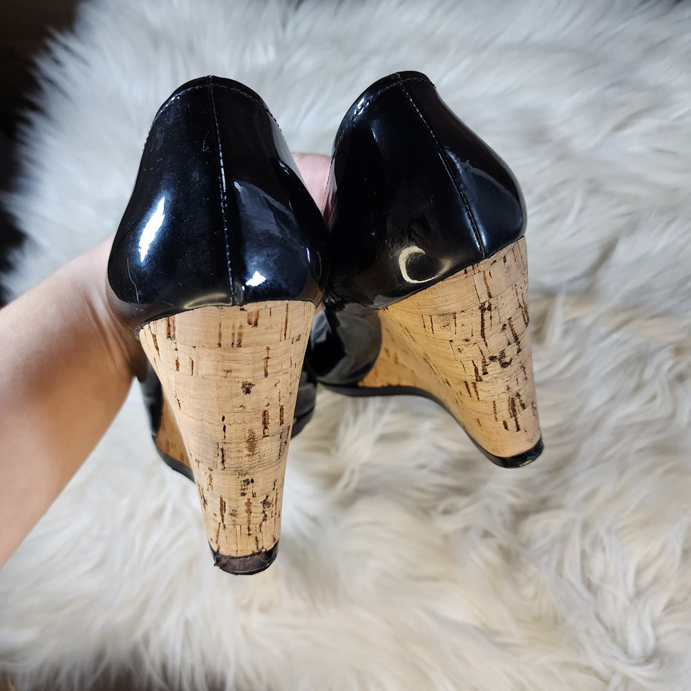 Prada Black Patent Leather Cork Wedge Heels Sz 40 - Picture 6 of 14